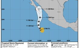 Mexico/ East Pacific: Tropical Storm RAYMOND 20E 15/2100Z 14.7N 109.4W, moving NNW ~5.9kt 1002mb (NHC FL) – Updated 15 Nov 2019 2103Z (GMT/UTC)