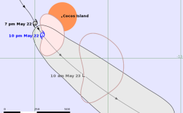 Australia: Tropical Cyclone Mangga 27S 22/1500Z 13.4S 95.5E, moving SSE ~15.65kt. Wind ~35.09kt, gusts to ~51.29kt (TCWC Perth) – Published 22 May 2020 1700Z (GMT/UTC)