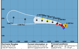 Hawaii/ Central Pacific: Hurricane DOUGLAS CAT1 26/1500Z 20.7N 154.3W, moving WNW ~14.03kt. Wind ~80.99kt. 983mb (CPHC FL) – Updated 26 Jul 2020 1530Z (GMT/UTC)