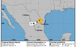 Mexico/ US: Tropical Storm HANNA 26/1500Z 26.1N 99.7W, moving WSW ~8.09kt. Wind ~40.49kt. 995mb (NHC FL) – Updated 26 Jul 2020 1655Z (GMT/UTC)